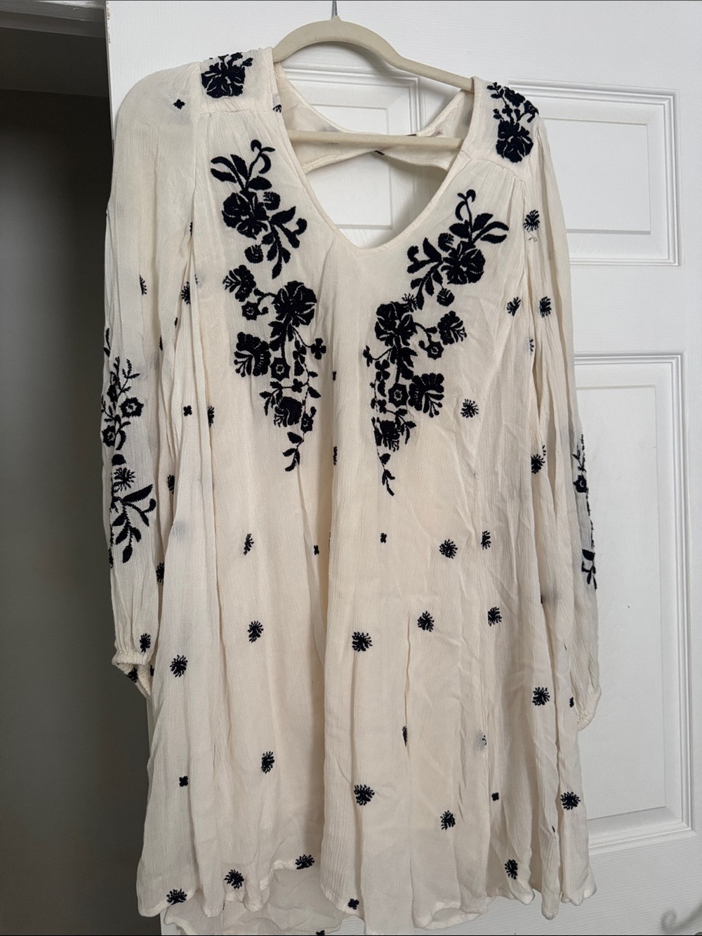 Free People Cream Long-Sleeve Dress with Black Floral Embroidery
